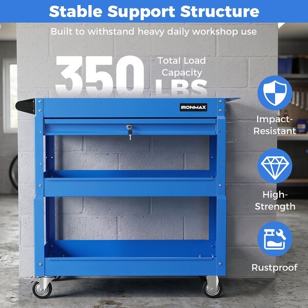 Ironmax 3 Tier Rolling Tool Cart with Lockable Drawer, Pegboards