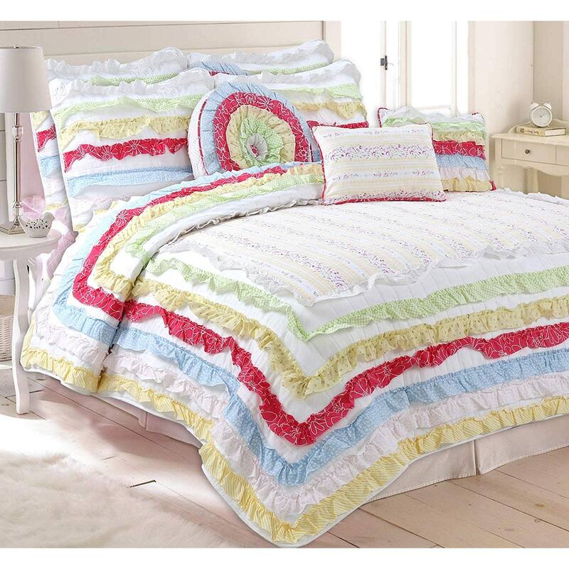 Porch & Den Appledale Red Ruffled Cotton Reversible Quilt Bedding Set - Blue/Yellow/White/Green/Red/Pink - Queen