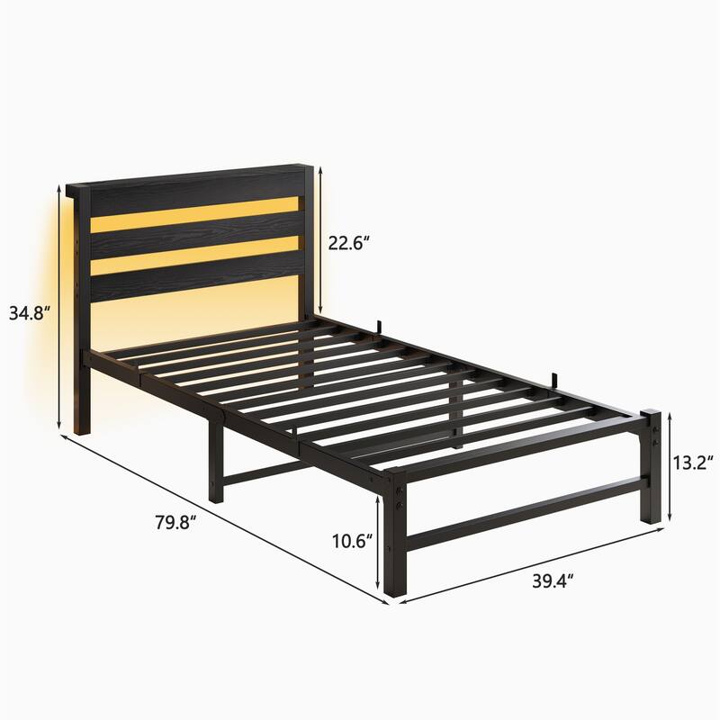 Twin Size LED Platform Bed with USB Charging Station and Steel Slats