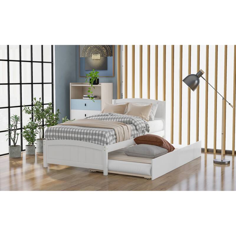 White Twin Size Platform Bed with Trundle, Solid Pine Wood Frame, Modern Minimalist Design