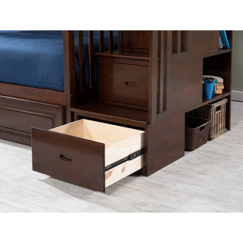 AFI Columbia Full over Full Size Staircase Bunk Bed with Bed Drawers & Charging Station in Walnut