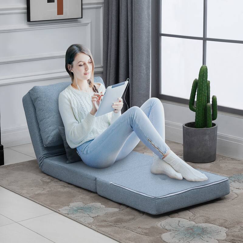 Adjustable Floor Linen Sofa Bed with Backrest Folding Couch with Pillow and Steel Frame - 23.5" W x 31.5" D x 22" H