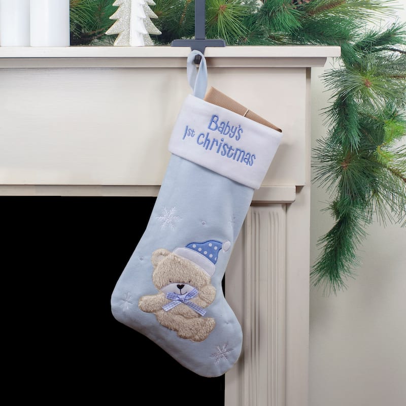19" Blue White Baby's 1st Embroidered Teddy Bear Stocking