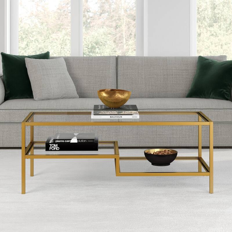 45" Contemporary Rectangular Glass Coffee Table with 2 Storage Shelves for Living Room - 45"L x 22"W x 17"H