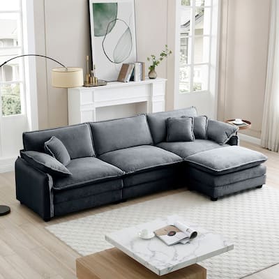 4-piece Corduroy Upholstered L-Shaped Modular Sectional Sofa with Removable Ottoman, 5 Pillows, and Free Combination