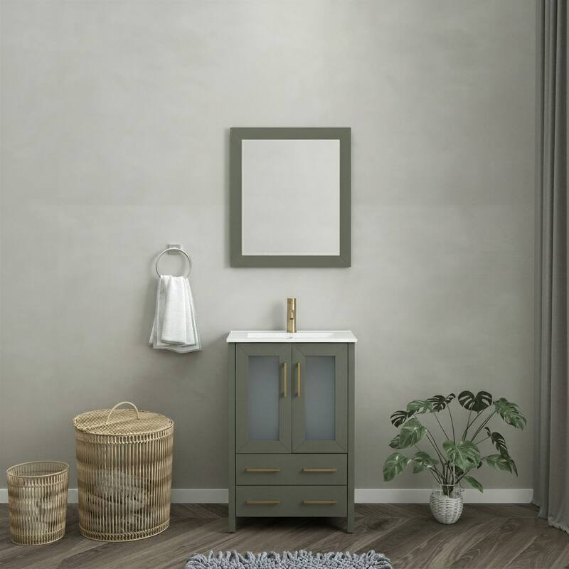 Vanity Art 24-Inch Single Sink Bathroom Vanity Set 2 Drawers, 1 Cabinet, 1 Shelf, Soft-Closing Doors with Free Mirror - Vintage Green