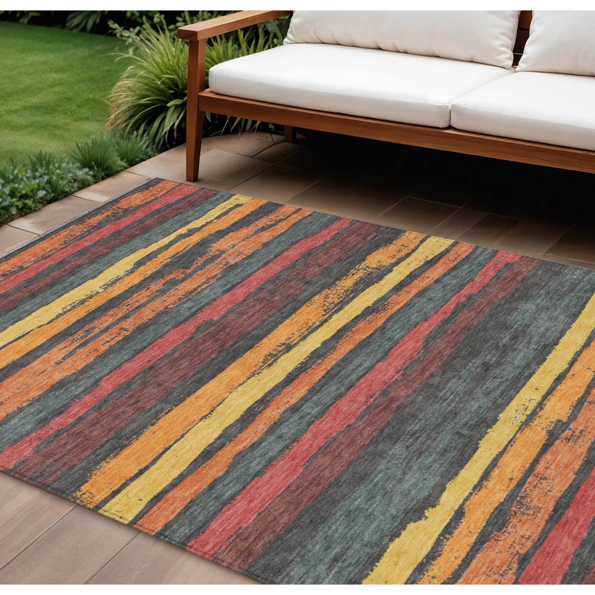 8' X 10' Granite Gray Copper And Yellow Striped Washable Indoor Outdoor Area Rug - 9' x 12'