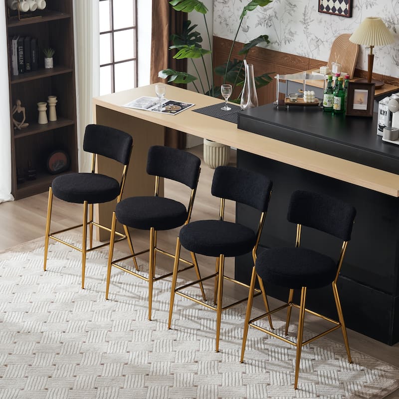 GDFStudio - Maddox Modern Metal Bar Stool with Teddy Fleece Upholstery - Set of 4 - Black+Golden