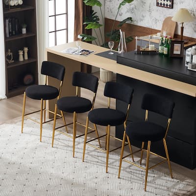 Set of 4 modern teddy fabric upholstered bar stools - Metal base high stool - Stylish and comfortable island seating