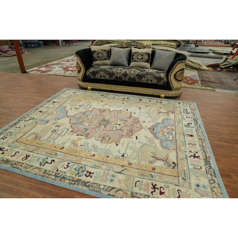 Vegetable Dye Wool Oushak Turkish Area Rug, Medallion Geometric Carpet - 9' 9'' X 8' 4''