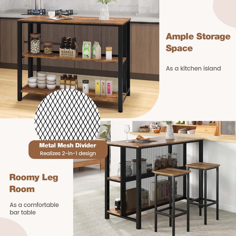 3-Tier Home Bar Unit Bar Table w/ Storage Shelves Adjustable Foot Pads
