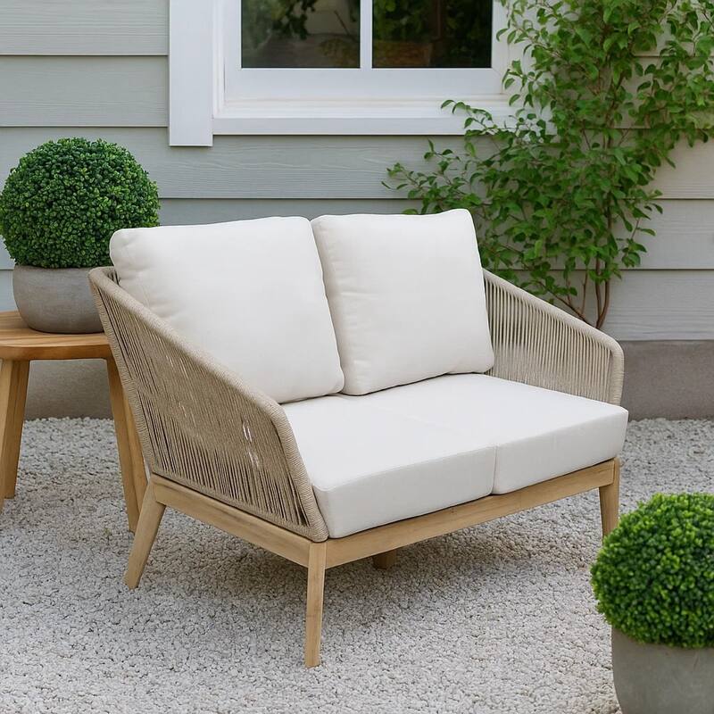 Dexi 51 Inch Patio Sofa, Fade Resistant Cushions, Rich Brown Acacia Wood
