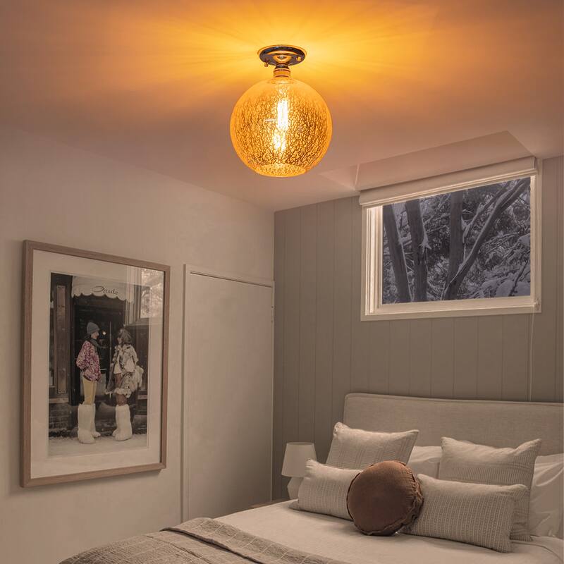 1 Light Semi-Flush Mount Ceiling Light with Cognac Crackle Glass Globe - Dia.10-in