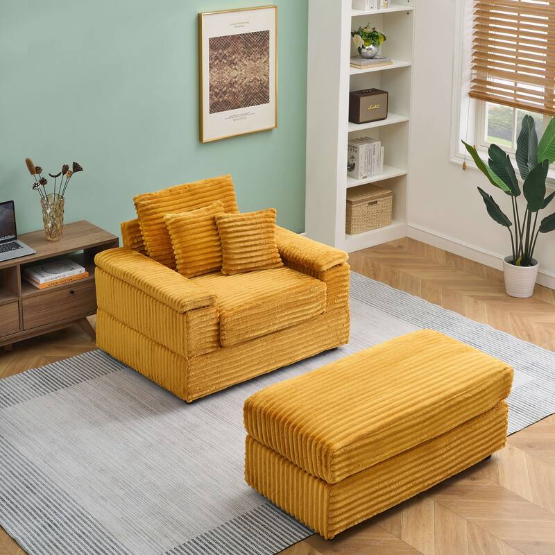 Corduroy Single Sofa Set with 2 Throw Pillows (500lb Capacity) - Orange