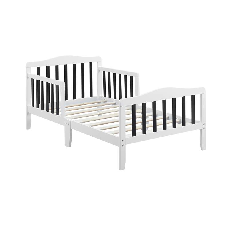 Birdie Toddler Bed in Dark Pink/White with Solid Wood Frame, Low Profile Footboard & Dual Safety Rails
