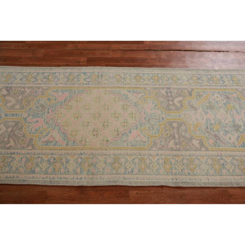 Hand Knotted Oriental 100% Wool Carpet Transitional Geometric Greys & Charcoal Oushak Runner Rug - 12' 1'' X 3' 1''