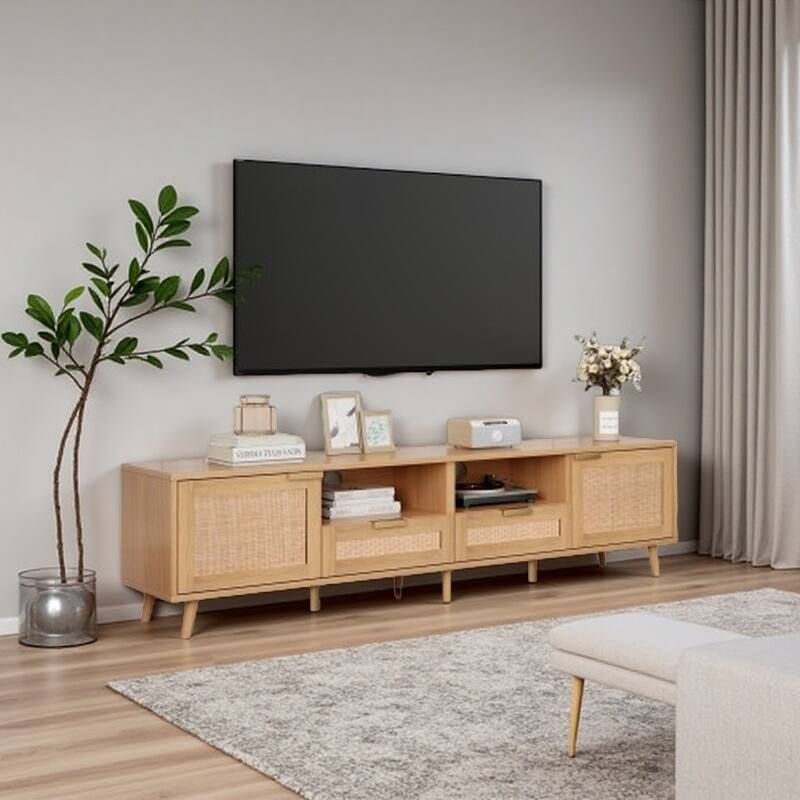 Rattan TV Stand for 85" TVs, Media Console with Solid Wood Legs, Spacious Storage, Cable Management - Wood