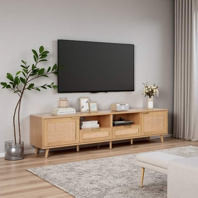 Rattan TV Stand for 85" TVs, Media Console with Solid Wood Legs, Spacious Storage, Cable Management