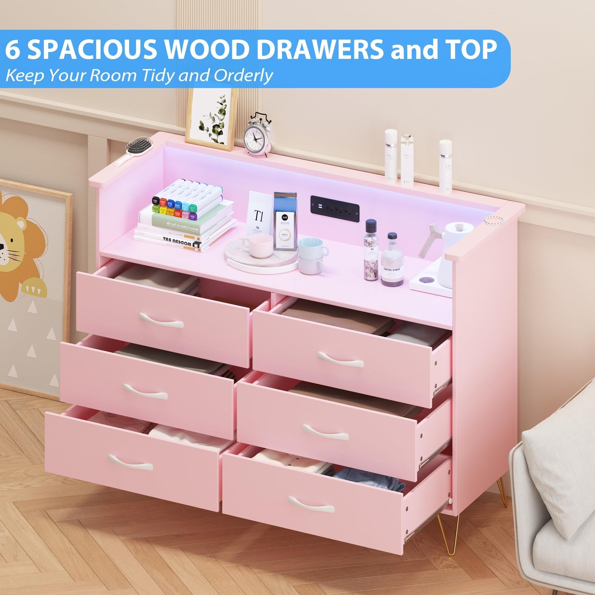 6 Wooden Drawers Dresser with Power Outlet LED Light