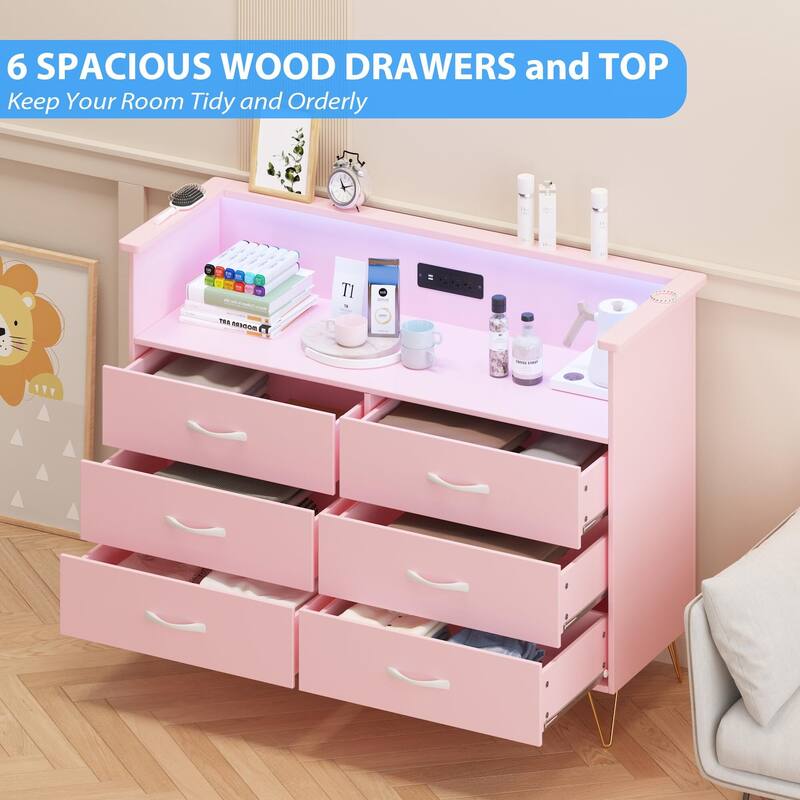 Pink Dresser with LED Light for Bedroom 6 Drawer