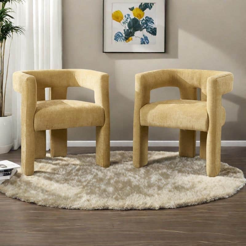 Chenille Fabric Upholstered Barrel Chair Set of 2 with Solid Wood Frame and Ergonomic Back Support - Yellow