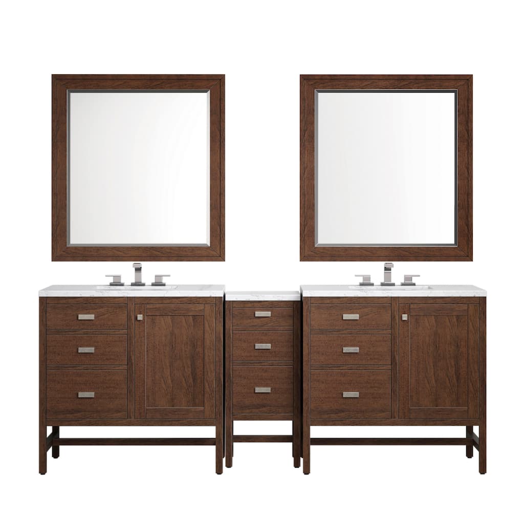 James Martin Addison 87" Double Sink Bathroom Vanity Set, Mid-Century Acacia with 3cm Eternal Jasmine Pearl Quartz Top