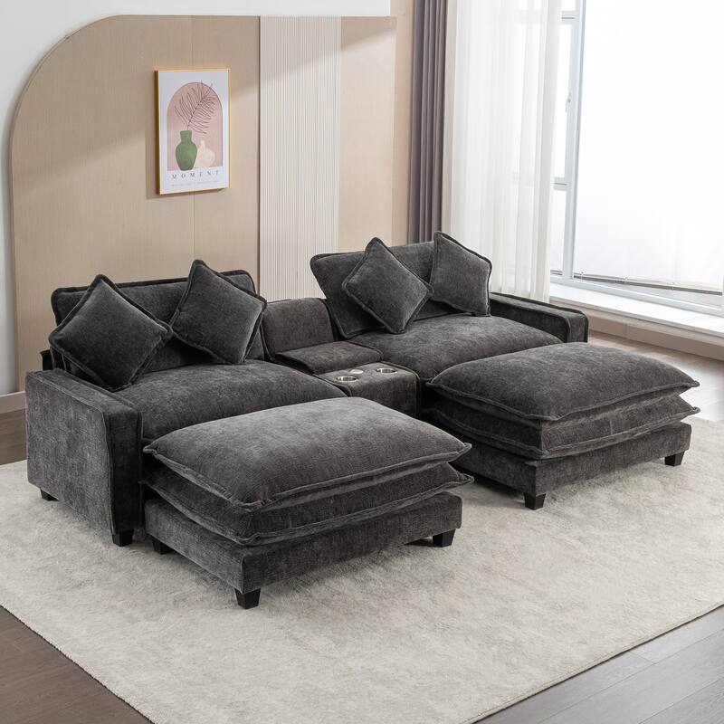 111" Grey Chenille Sectional Sofa with 2 Removable Ottomans, USB Ports, Cup Holders & Storage Box