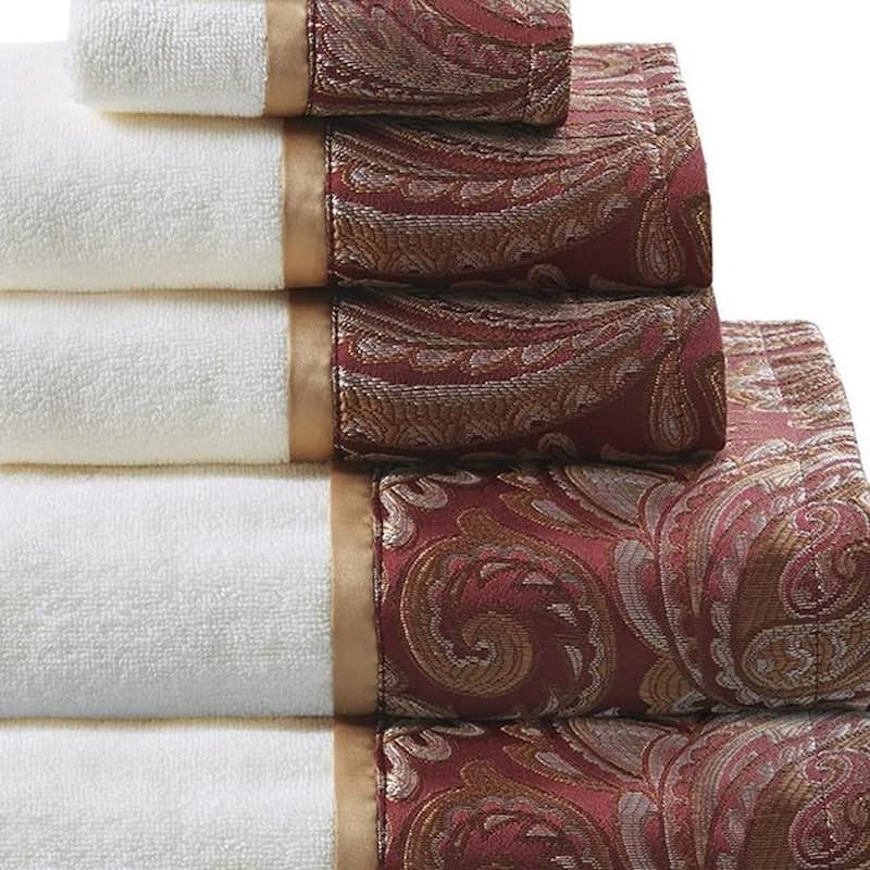 HomeRoots Set of Six White And Burgundy Cotton With Paisley Jacquard Towel Set - 52.00' X '27.00' X '0.02