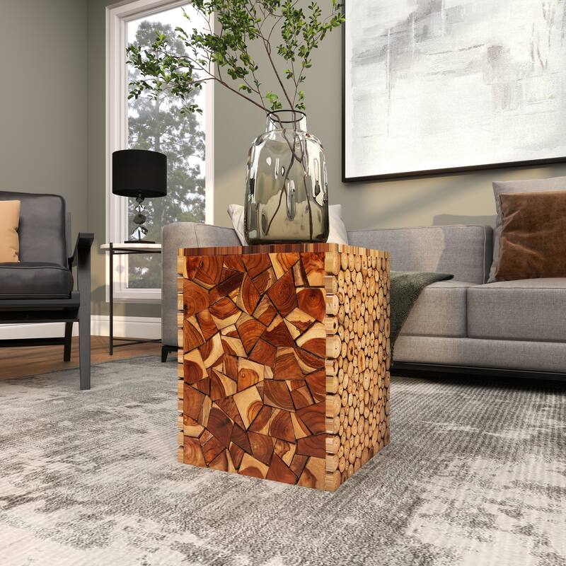 Brown Teak Wood Handmade Square Block Side End Accent Table with Mosaic Wood Chip Design