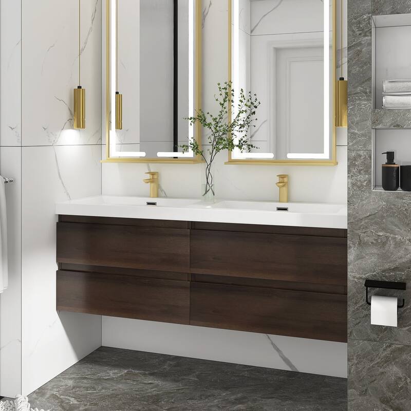 MDF Wall-Mounted Bathroom Vanity Set in Grey Oak with Integrated Culture Marble Sink