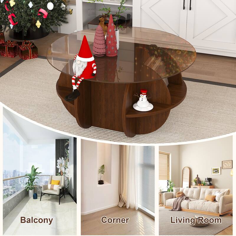 Round Coffee Table with Storage, 31.5 Inch Modern Farmhouse Center Table with Tempered Glass Top and Wooden MDF Frame