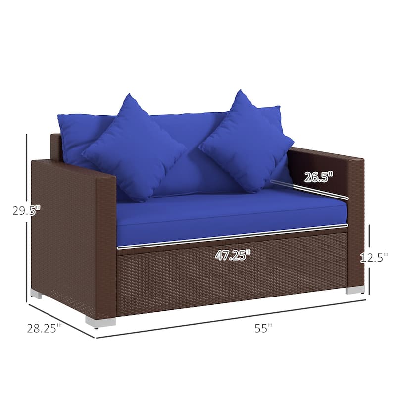 Outsunny Outdoor Wicker Loveseat, Patio Furniture Couch with Cushions, 2 Seats PE Rattan Sofa, 2 Throw Pillows