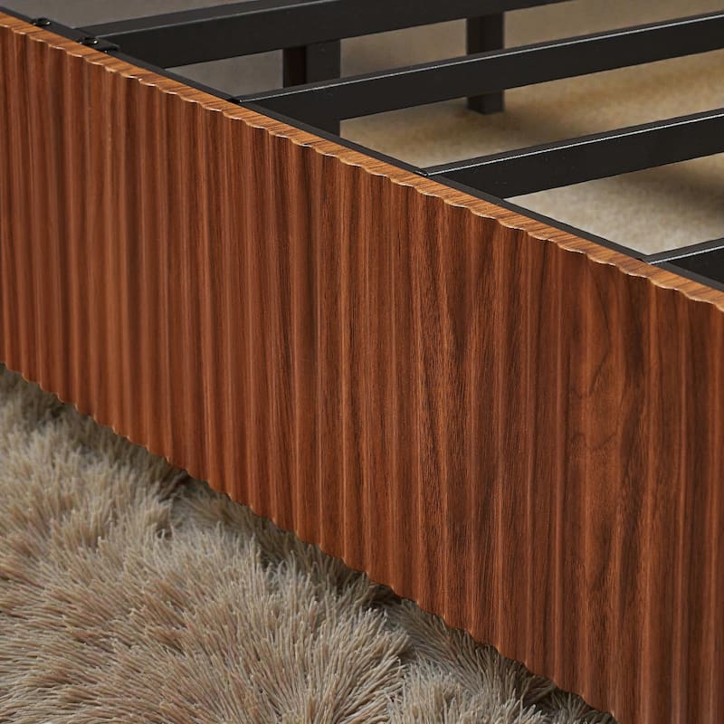 Wood Bed Frame with Corrugated Curved Wood Panels, Heavy Duty Metal Support, No Box Spring Needed