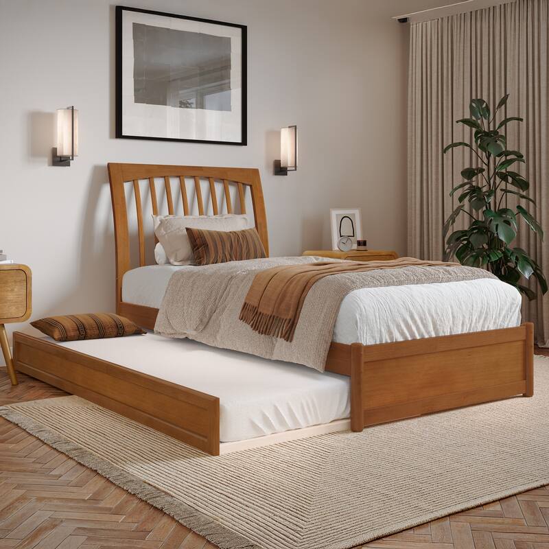 Roslyn Platform Bed with Modern Panel Footboard and Twin XL Trundle - Light Toffee - Twin XL