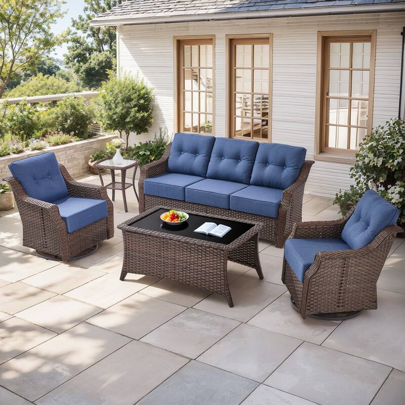 Gymojoy Wicker Patio Furniture Sofa Set, 6-Inch Ultra Thick Cushioned 360°Swivel Glider Chairs & Sofa Set - Brown Wicker / Blue Cusion - 5-Piece