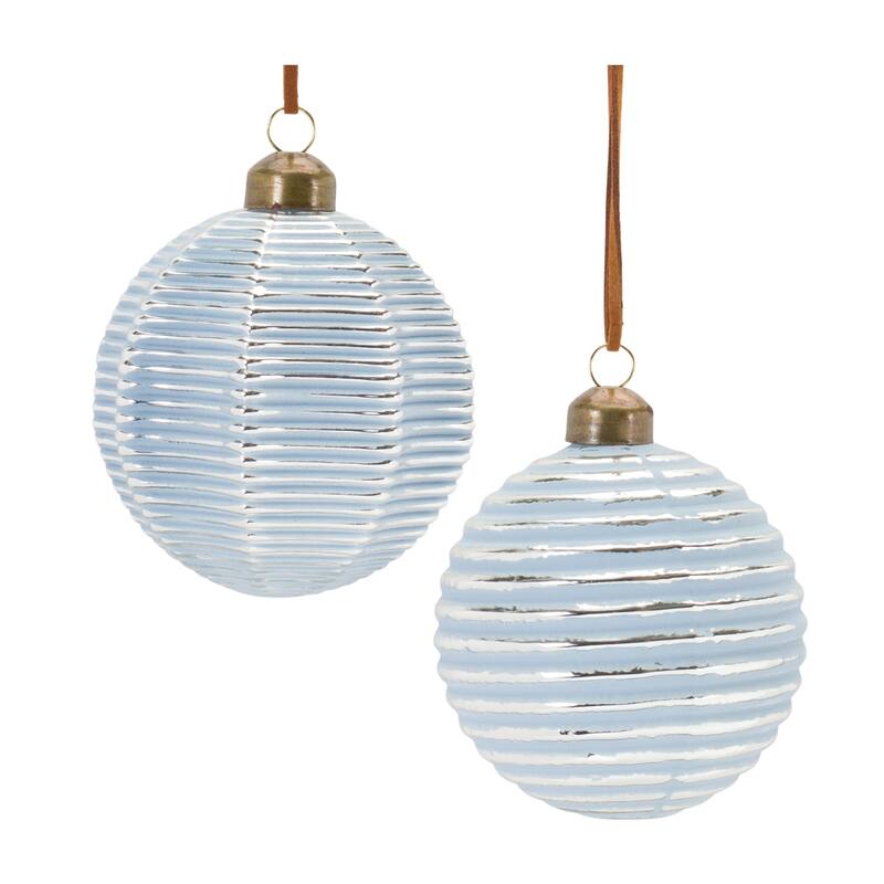 Ribbed Glass Christmas Ball Ornaments 3" (80Mm) Blue and Silver 12Ct