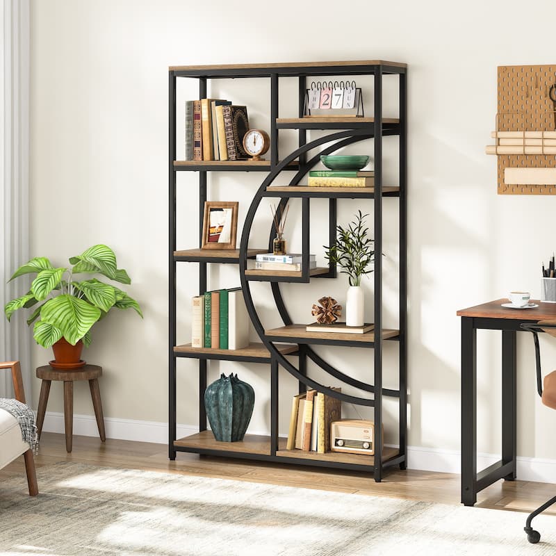 Industrial Etagere Bookcase with 8-Open Storage Shelf, Tall Geometric Book Shelves