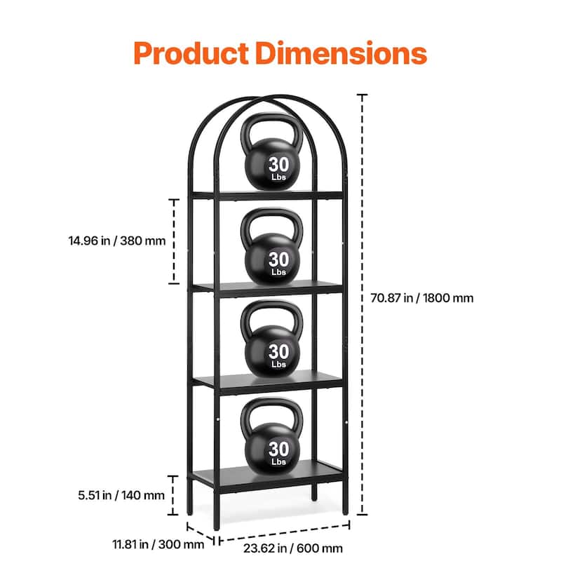 4-Tier Black Metal Freestanding Bookshelf with Adjustable Foot Pads Suitable for Any Room - 23.62" x 11.81" x 70.87"