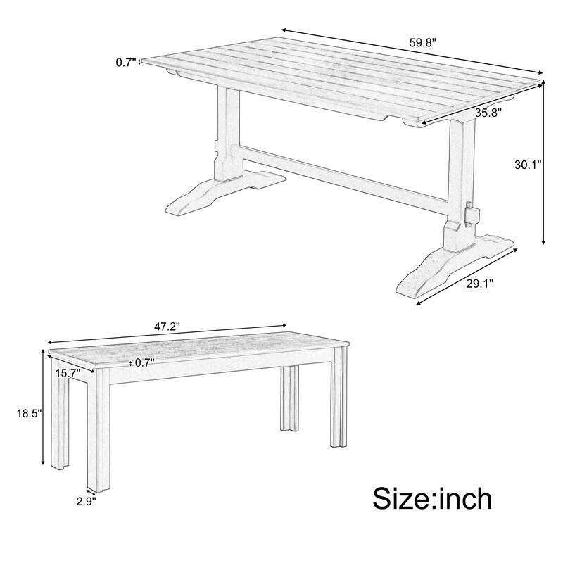 3-Piece Retro Dining Set, Rectangular Trestle Table and 2 Wood Benches for 4 People for Dining Room and Kitchen