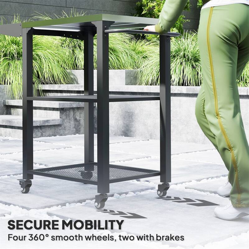 Silver and Black Stainless Steel Grill Cart with Foldable Side Table, Hooks, Grid Shelves - 31.5" L x 16.1" W x 31.1" H