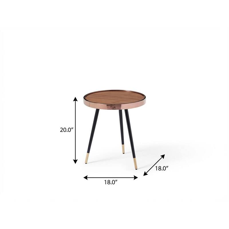 HomeRoots 20" Walnut Black And Rose Gold Wood and Stainless Steel Round End Table - 18.00 in. x 20.00 in. x 18.00 in.