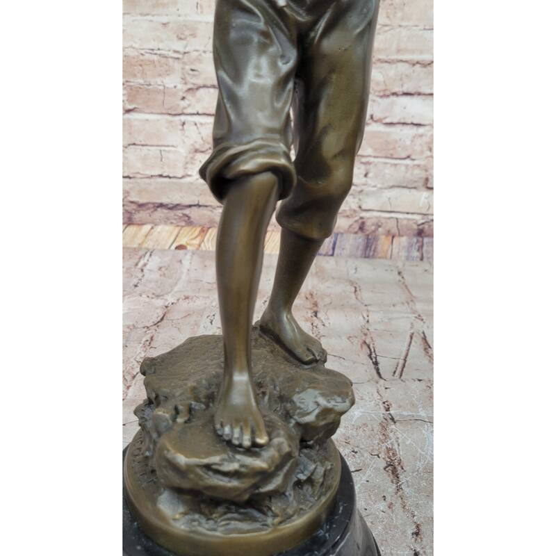 Bronze Sculpture Of A Boy Fishing By Rancoulet - Handmade Statue On Marble Base