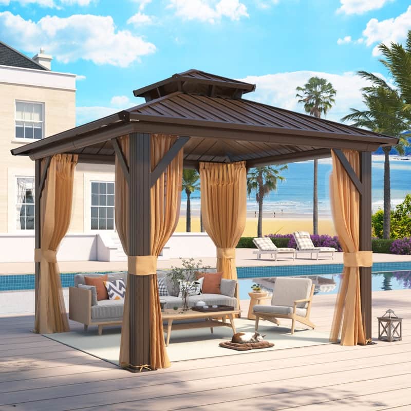 Outdoor Hardtop Gazebo with Galvanized Steel Double Roof & Aluminum Frame, Outdoor pergola with Premium Curtains and Nettings