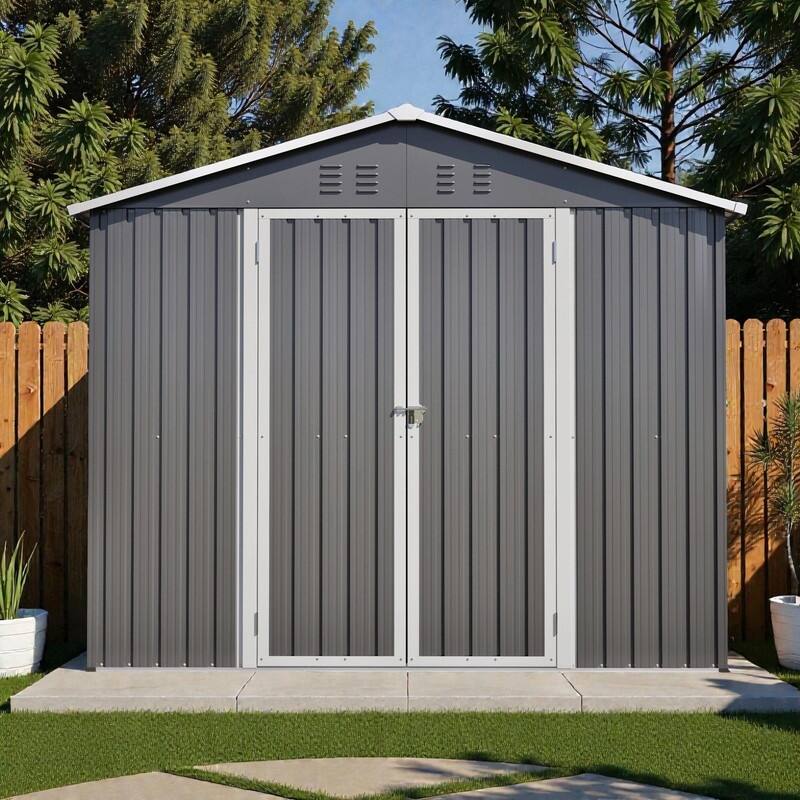 8' x 12' Lockable Outdoor Metal Storage Shed, Aluminum Frame, Durable Garden Tool Shed for Backyard, Patio or Lawn