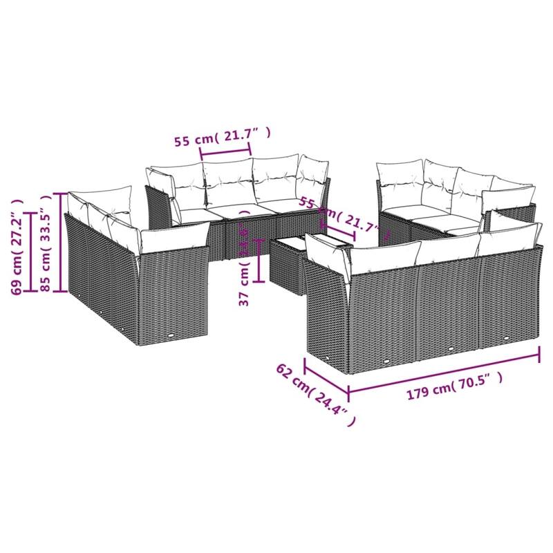 vidaXL 12 Piece Patio Sofa Set with Cushions Black/Brown/Gray Poly Rattan - 24.4 x 24.4 x 27.2