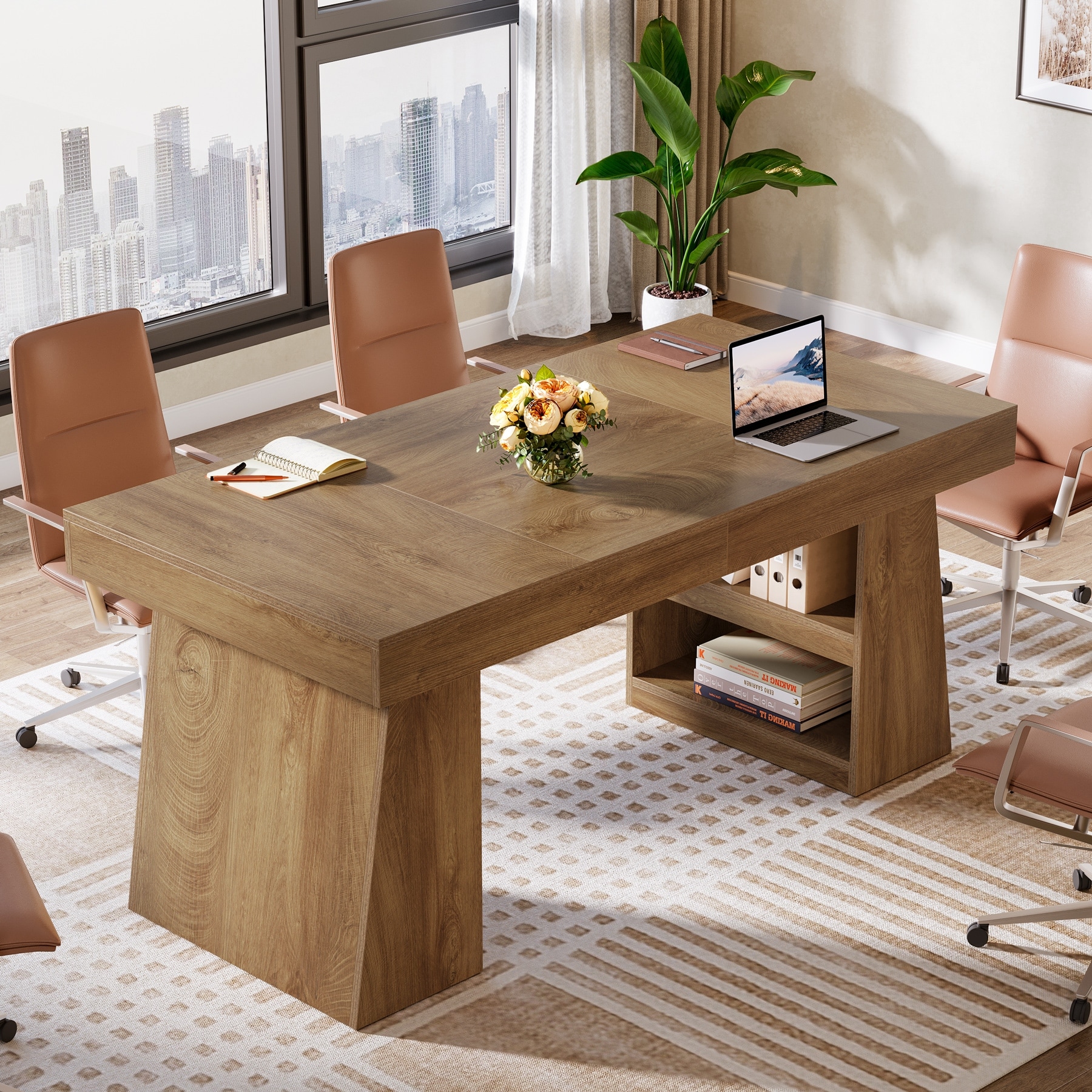 4.59 ft Conference Table for 4-6 People, 55" Rectangle Meeting Table with Storage Drawer & Shelves