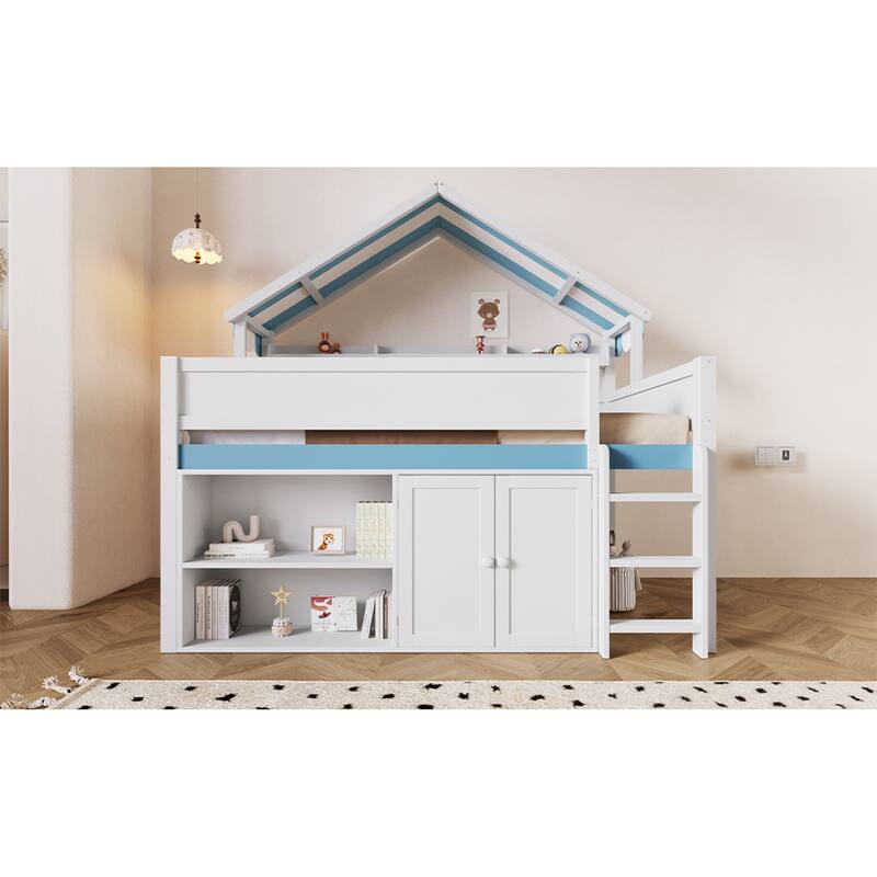 Roomfitters Full Size Loft Bed with House Canopy Roof and Storage Cabinet