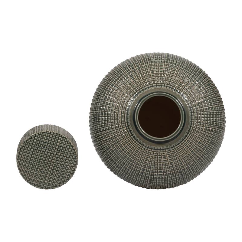 Sagebrook Home Dempsey Green Lidded Jar - Stoneware, Green, Checkered, Bud, Elegant Color, Perfect Accent Piece