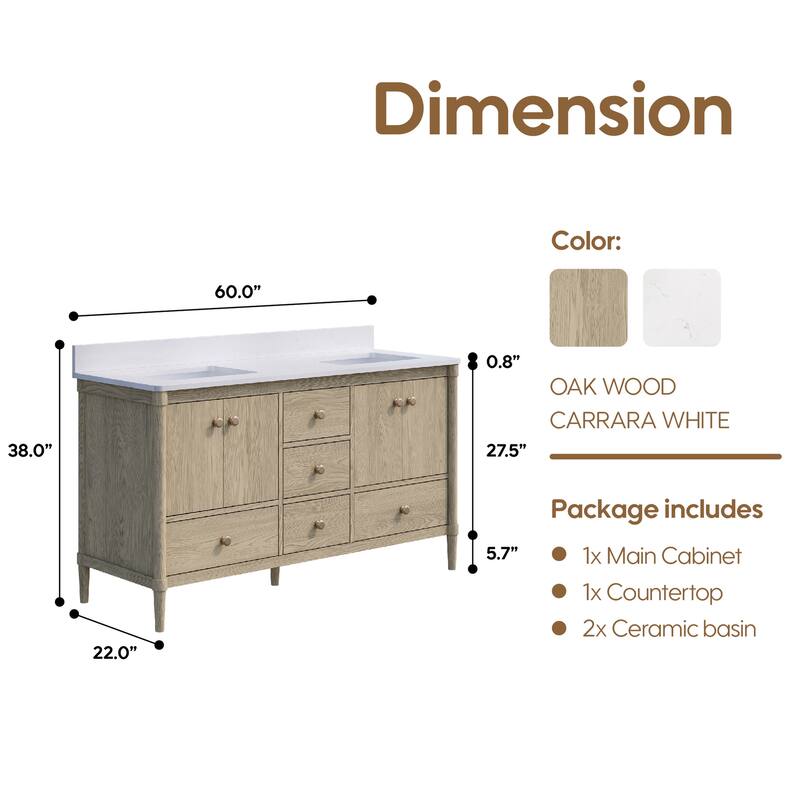 34''H Solid Wood Bathroom Vanity With Carrera White Quartz Top and Sink