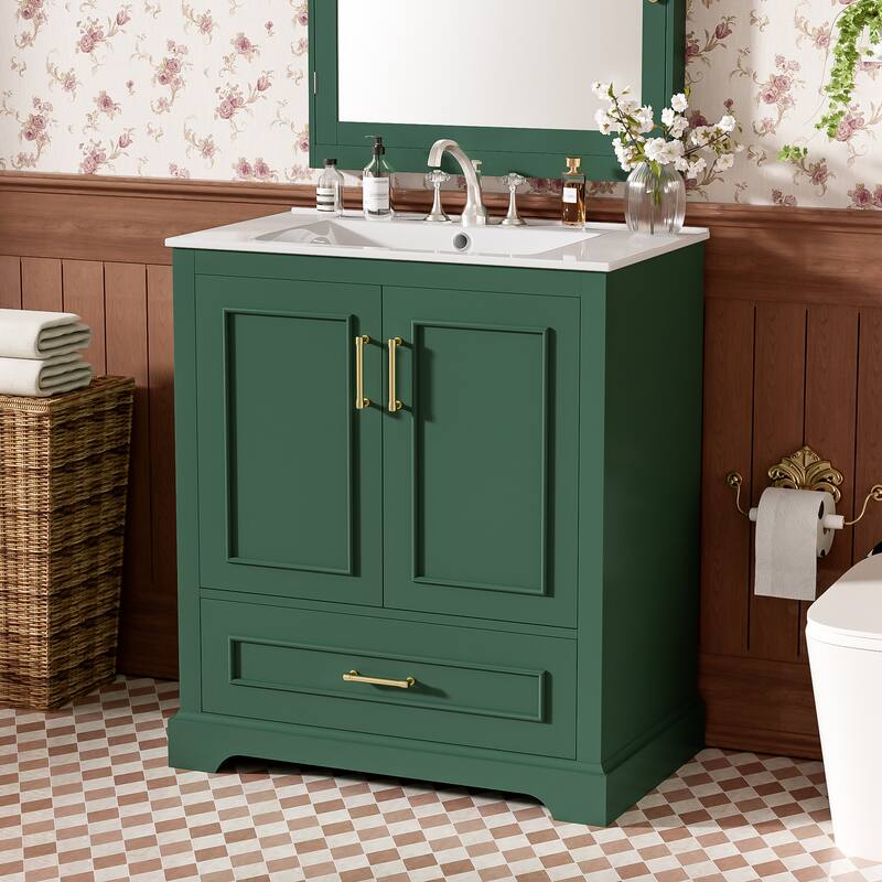30" Bathroom Vanity with Sink, MDF and Solid Wood Frame, 1 Divider Drawer and 2 Soft-close Doors (Double Shelf on Door)